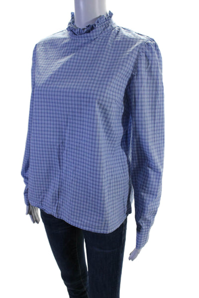 BB Dakota Womens Cotton Plaid High Neck Long Sleeve Blouse Top Blue Size L