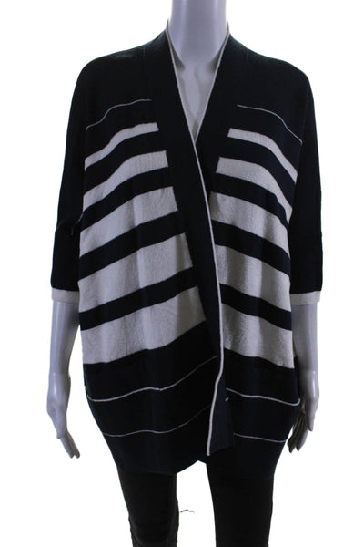 Escada Womens Knit Striped 3/4 Sleeve Wrap Cardigan Sweater Navy Size M