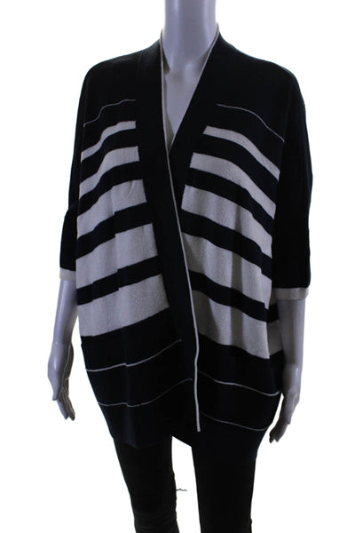 Escada Womens Knit Striped 3/4 Sleeve Wrap Cardigan Sweater Navy Size M