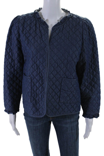 Melissa Nepton Womens Cotton Quilted Ruffle Trim Two Pocket Jacket Blue Size L