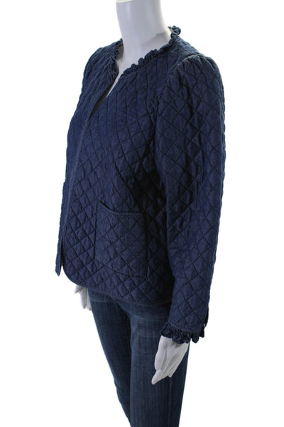 Melissa Nepton Womens Cotton Quilted Ruffle Trim Two Pocket Jacket Blue Size L