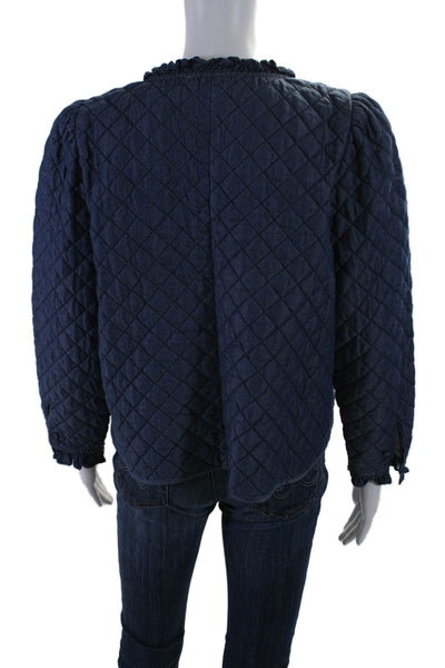 Melissa Nepton Womens Cotton Quilted Ruffle Trim Two Pocket Jacket Blue Size L