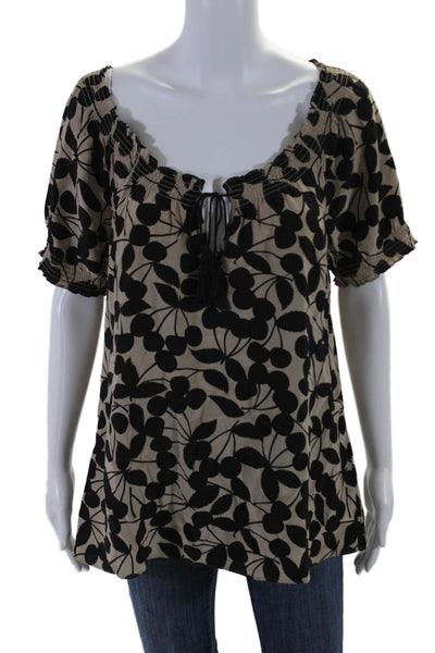 Joie Womens Silk Brown Black Off Shoulder Floral Short Sleeve Blouse Top Size M