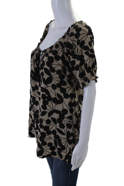 Joie Womens Silk Brown Black Off Shoulder Floral Short Sleeve Blouse Top Size M