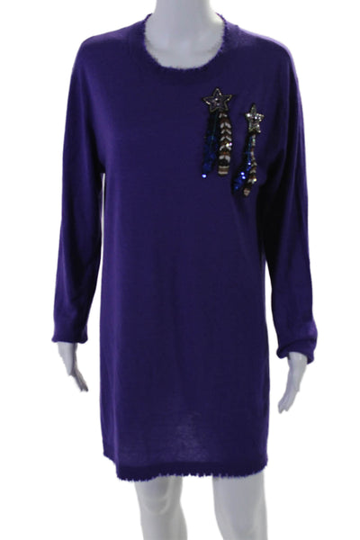 L'Edition Womens Purple Sequins Applique Distress Crew Neck Sweater Dress Size M