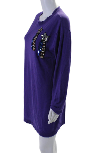 L'Edition Womens Purple Sequins Applique Distress Crew Neck Sweater Dress Size M