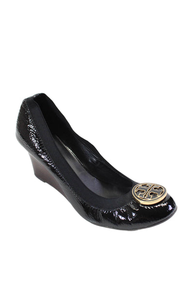 Tory Burch Womens Shiny Black Embellished Wedge Heels Shoes Size 9