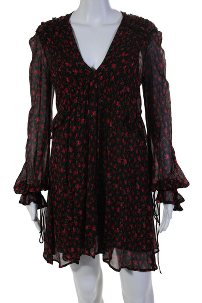 The Kooples Womens Silk Floral Print Long Sleeves A Line Dress Black Red Size 1