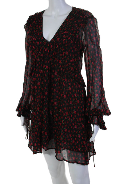 The Kooples Womens Silk Floral Print Long Sleeves A Line Dress Black Red Size 1