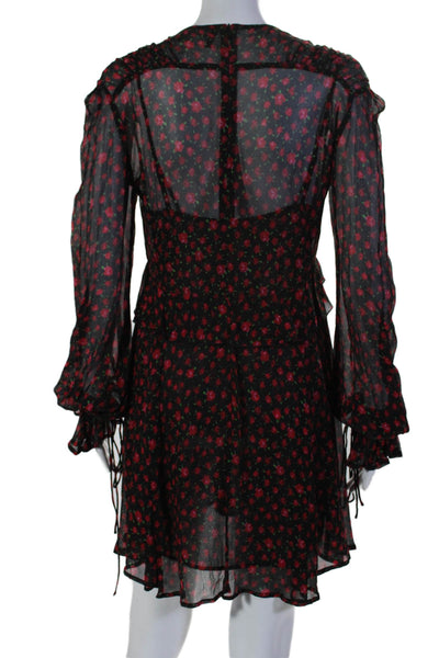 The Kooples Womens Silk Floral Print Long Sleeves A Line Dress Black Red Size 1