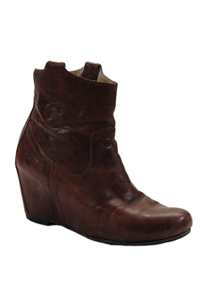 Frye Women's Round Toe Leather Wedge Heels Ankle Boots Cognac Size 7