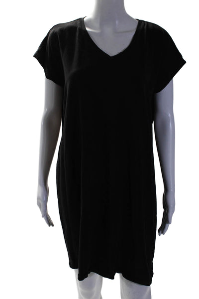 Eileen Fisher Womens Short Sleeves Knee Length V Neck Shirt Dress Black Size Lar