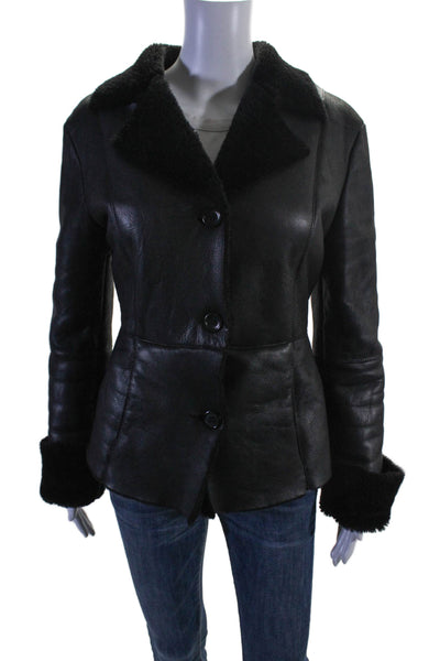 Designer Womens Leather Shearing Line Collared Long Sleeves Jacket Black Size S