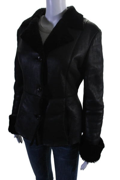 Designer Womens Leather Shearing Line Collared Long Sleeves Jacket Black Size S