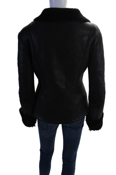 Designer Womens Leather Shearing Line Collared Long Sleeves Jacket Black Size S