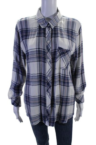 Rails Womens Plaid Long Sleeves Button Down Shirt White Blue Size Large