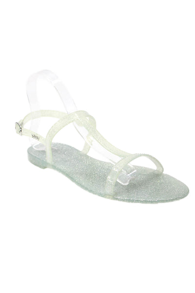 Stuart Weitzman Women's Millie Jelly Buckle Glitter Flat Sandals Green Size 10.5