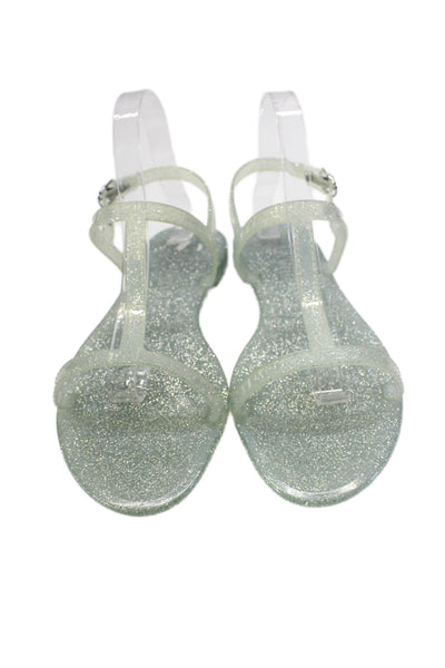 Stuart Weitzman Women's Millie Jelly Buckle Glitter Flat Sandals Green Size 10.5