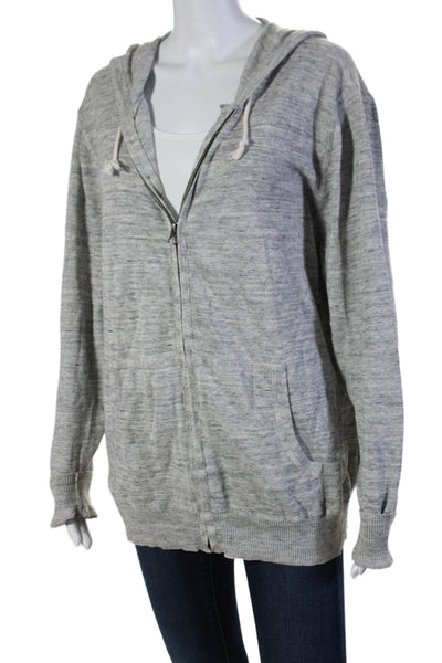 J Crew Womens Cotton Fleece Textured Zip Drawstring Hood Sweater Gray Size L