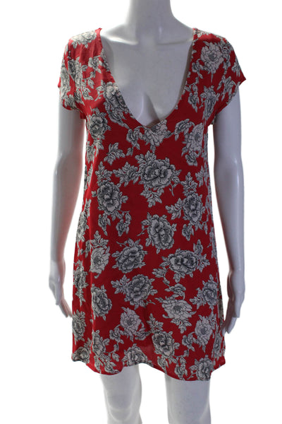 Free People Womens Floral Print V-Neck Short Sleeve Mini Dress Red Size S