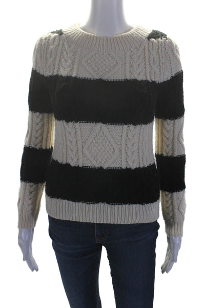 J Crew Womens Wool Long Sleeve Striped Cable Knit Sweater White Black Size XS