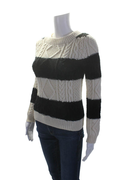 J Crew Womens Wool Long Sleeve Striped Cable Knit Sweater White Black Size XS