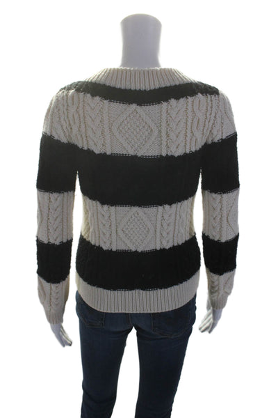 J Crew Womens Wool Long Sleeve Striped Cable Knit Sweater White Black Size XS