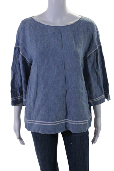 Lafayette 148 New York Womens Linen Long Sleeve Embroidered Blouse Blue Size M