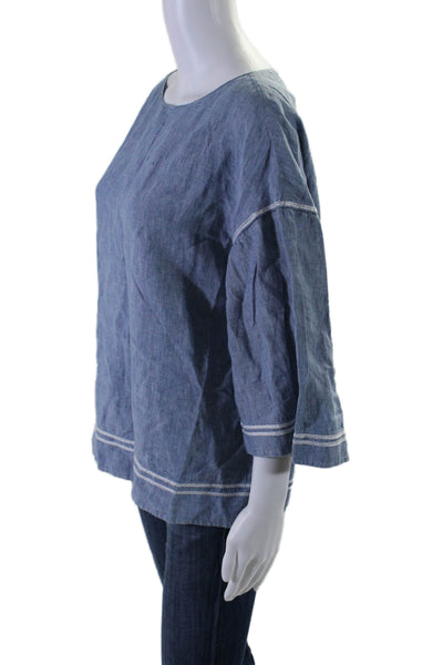 Lafayette 148 New York Womens Linen Long Sleeve Embroidered Blouse Blue Size M