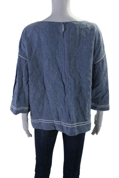 Lafayette 148 New York Womens Linen Long Sleeve Embroidered Blouse Blue Size M