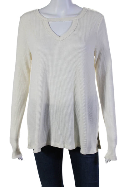 T.LA Womens Cotton Textured V Neck Long Sleeved White Casual Top White Size XS