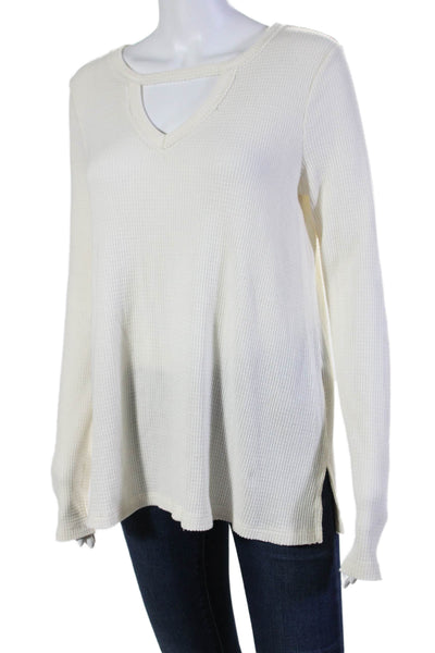 T.LA Womens Cotton Textured V Neck Long Sleeved White Casual Top White Size XS