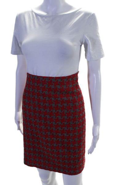 J. Mclaughlin Womens Wool Houndstooth Print Lined Pencil Skirt Red Gray Size 10