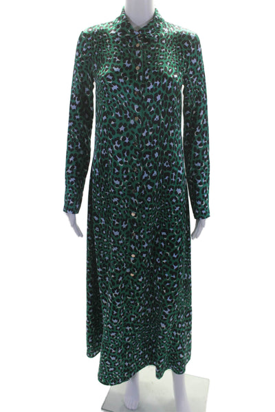 Olivia Von Halle Womens Silk Animal Print Button Up Maxi Dress Green Size 1