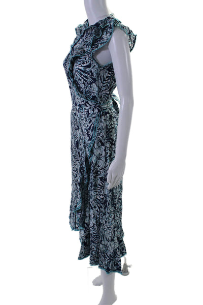 Poupette St. Barth Womens Sleeveless V Neck Abstract Midi Wrap Dress Blue Small