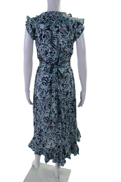 Poupette St. Barth Womens Sleeveless V Neck Abstract Midi Wrap Dress Blue Small