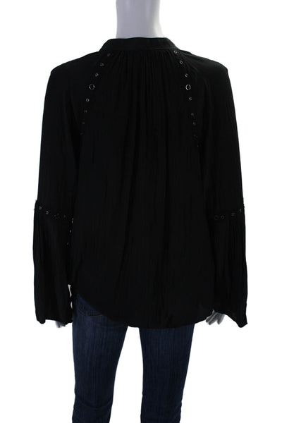 Ramy Brook Womens Long Sleeve Silk Grommet Trim V Neck Blouse Black Size S