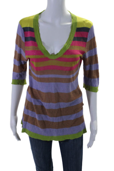 Nanette Lepore Womens Linen Short Sleeve V Neck Striped Knit Top Multi Size M