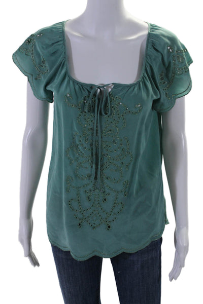 Nanette Lepore Womens Silk Scallop Trim Metallic Embroidered Blouse Teal Size  4