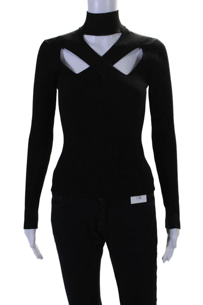 Jonathan Simkhai Womens Ribbed Knit Cut Out Cross Strap Sweatshirt Black Small