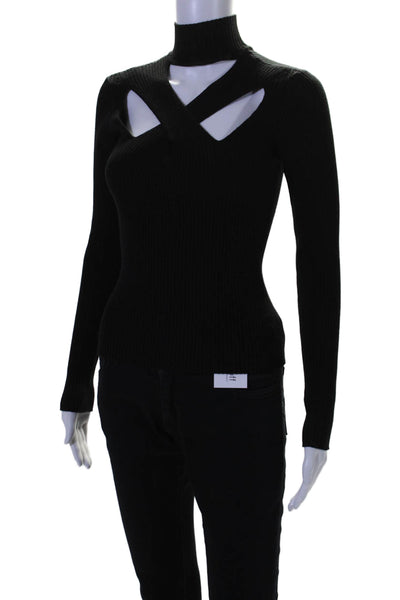 Jonathan Simkhai Womens Ribbed Knit Cut Out Cross Strap Sweatshirt Black Small