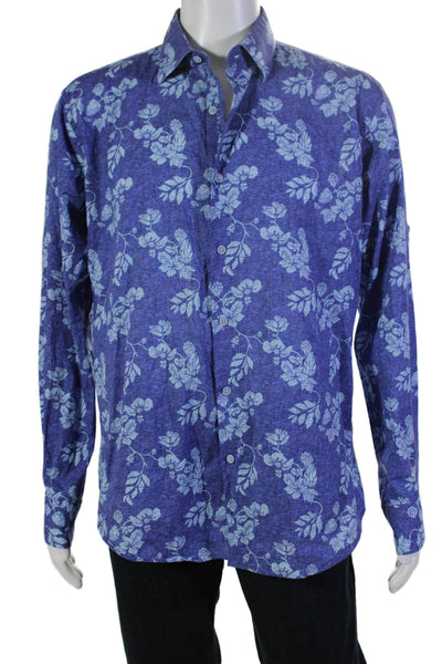 Bugatchi Mens Cotton Blue Floral Collar Long Sleeve Button Up Dress Shirt Size L