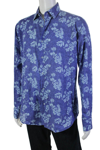 Bugatchi Mens Cotton Blue Floral Collar Long Sleeve Button Up Dress Shirt Size L