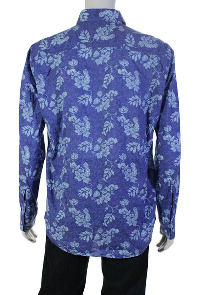 Bugatchi Mens Cotton Blue Floral Collar Long Sleeve Button Up Dress Shirt Size L