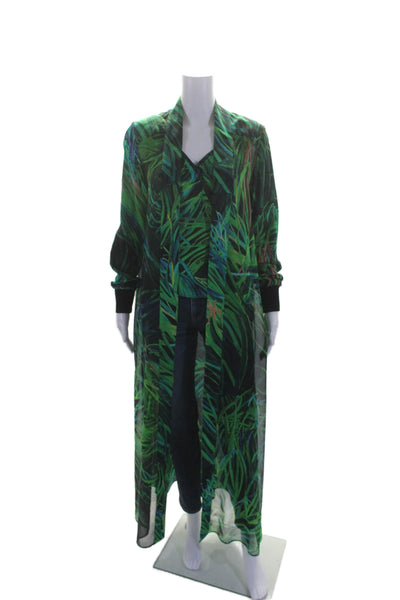 Elie Saab Womens Silk Plant Print V-Neck Tank Top + Duster Set Green Size 34 36