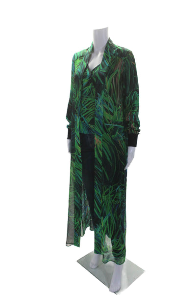 Elie Saab Womens Silk Plant Print V-Neck Tank Top + Duster Set Green Size 34 36