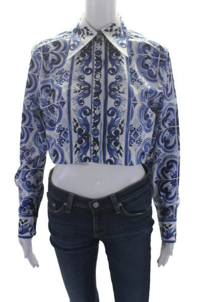 Dolce & Gabbana Womens Cotton Floral Cropped Button Up Blouse Top Blue Size 38