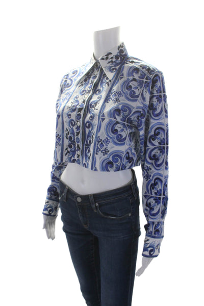 Dolce & Gabbana Womens Cotton Floral Cropped Button Up Blouse Top Blue Size 38