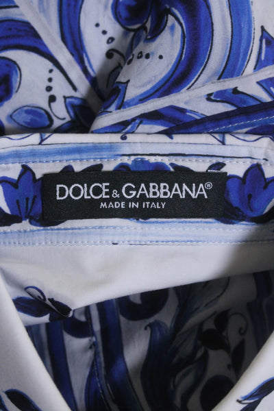 Dolce & Gabbana Womens Cotton Floral Cropped Button Up Blouse Top Blue Size 38