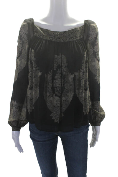 Etro Womens Silk Black Floral Print Square Neck Long Sleeve Blouse Top Size 40